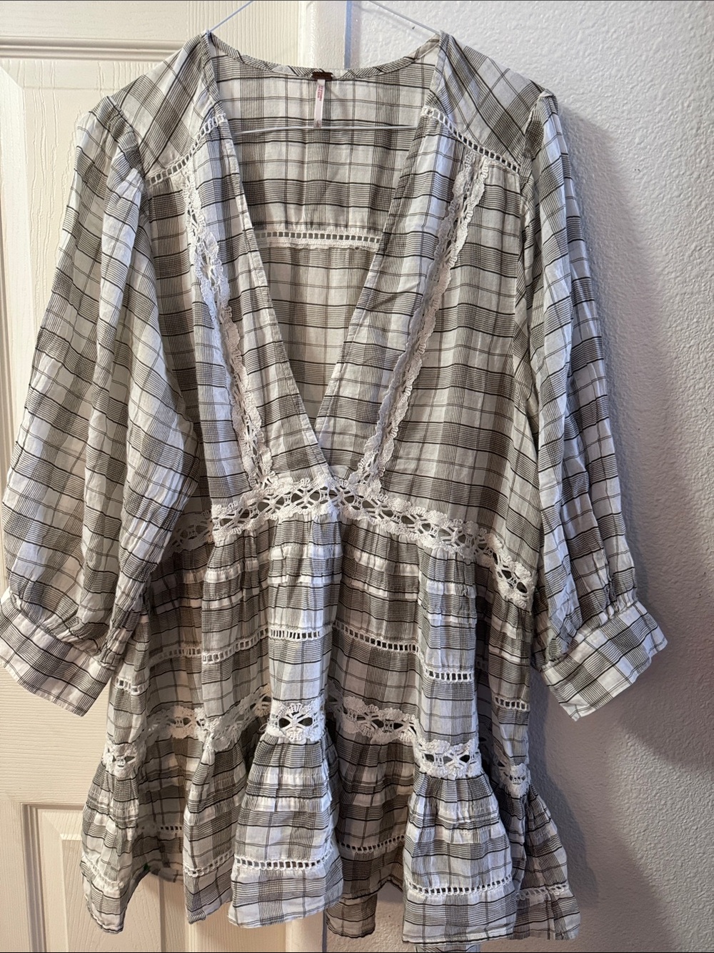Free People Plaid Lace-Trim Tunic Dress in Ivory and Gray